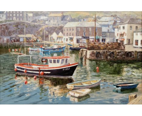 Nancy Bailey (1913-2012) Oil on canvas "Sheltered Harbour, Mevagissey", Figures and boats on quayside, signed lower right, si