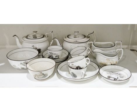 English porcelain bat transfer-printed part tea service, circa 1820, probably New Hall, printed in black with putti and group