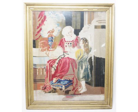 Two 19th century religious woolwork tapestry pictures, largest 72cm x 56cm, together with a 19th century needlework verse ' C