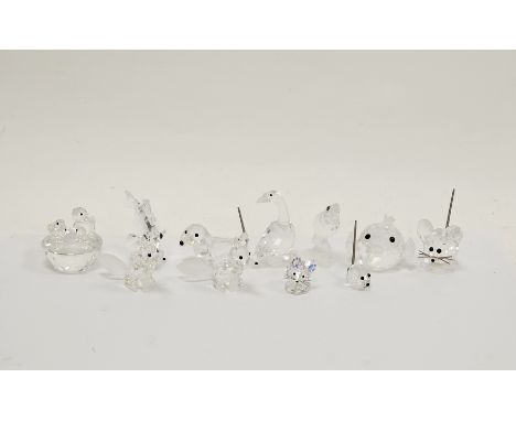 11 Swarovski crystal glass animal ornaments including two mice with metal tails, mother goose, two boxes, toucan on branch 11