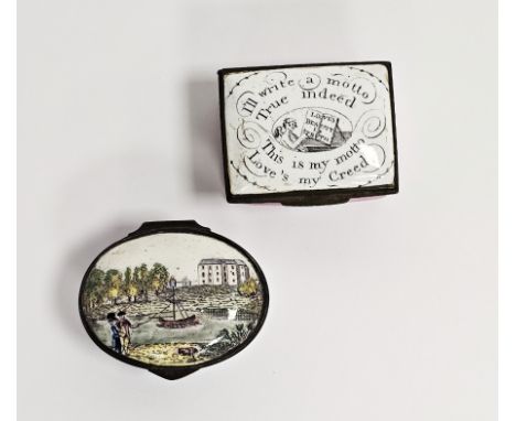 Two George III English enamel snuffboxes, the first possibly Battersea painted with a house and figures in river landscape, w