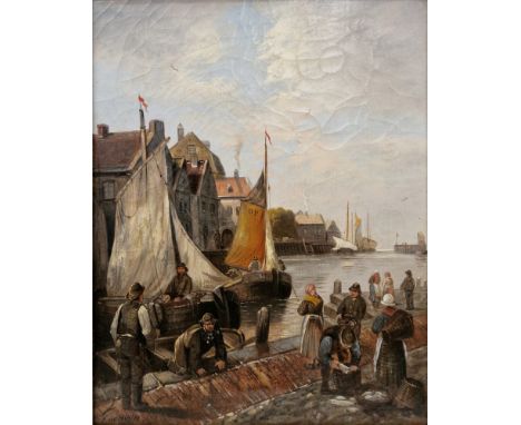 Kirk Van Hoom (19th/20th century) Oil on canvas Dutch harbour scene, signed lower left, in elaborate foliate giltwood and ges