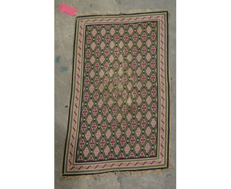 Green ground rug&nbsp;with geometric shape trelliswork, single geometric border, 104cm x 61cm and another similar blue ground