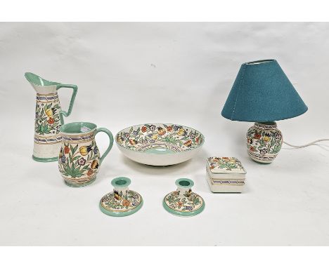 Group of Bursley ware Art Deco pottery by Charlotte Rhead, printed and painted marks, decorated with bands of colourful tulip