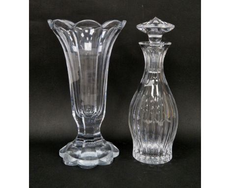 Waterford crystal glass decanter and stopper in the Innisfail pattern, 34cm high together with William Yeoward glass vase of 