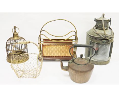 Collection of five metal items including an early 20th century Art Nouveau brass and copper two-section magazine rack, 39cm h
