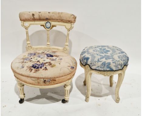19th century nursing chair, the white painted frame set with a blue jasperware panel to back, with upholstered top rail and c