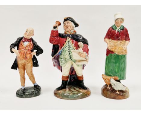Three Royal Doulton figures, comprising Mr Micawber, HN2097, The Town Crier HN2119 and The Farmer's Wife HN2069, printed gree