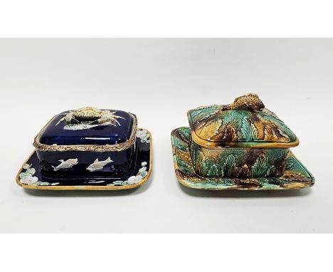 Joseph Holdcroft majolica sardine dish, cover and fixed stand, impressed marks, circa 1880, painted pattern no.171&nbsp;and a