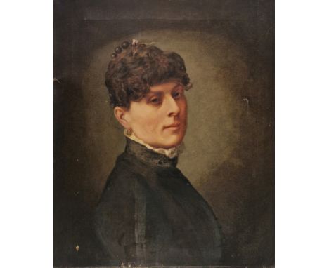 Late 19th century British school  Oil on canvas Portrait of a lady, turning to the right, in high-collared dark brown dress, 