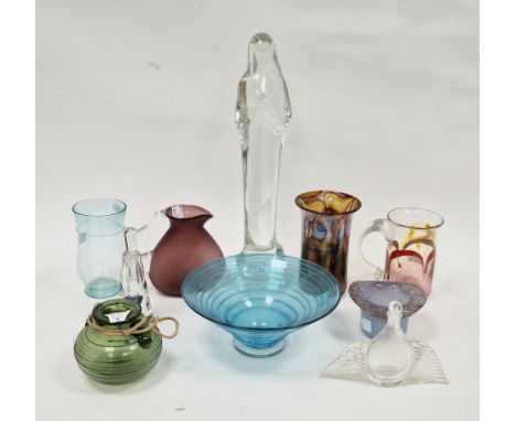 Group of studio glass including a Cowdy flared cylindrical purple iridescent vase, etched mark to base, a cased perfume bottl
