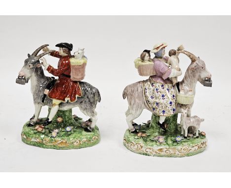 Pair of 19th century Derby figures of the Welsh tailor and his wife, iron red crowned cross batons and D marks, impressed 180