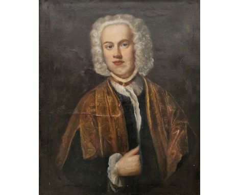18th century school  Oil on canvas Portrait of a gentleman, wearing a curled white wig, white shirt and brown jacket, in gilt