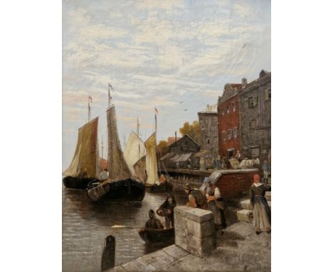 Kirk Van Hoom (19th/20th century) Oil on canvas Dutch harbour scene, signed lower right, in elaborate foliate giltwood and ge