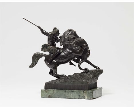 Amazone zu PferdBronzeguss, schwarz patiniert, grüner Marmor. Verkleinerte Version der Bronzegruppe der mit dem Panther kämpf
