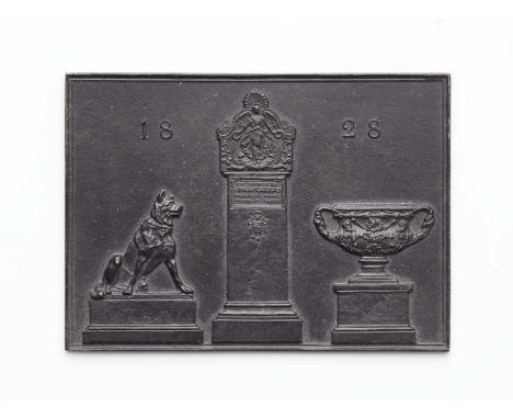Neujahrsplakette "1828"Eisenguss, schwarz patiniert. Links der antike Molosserhund aus den Uffizien, rechts der Warwick-Krate