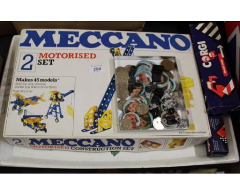 Meccano No.2 motorised set, two Corgi red and blue boxed models plus football medallions and small die cast figures