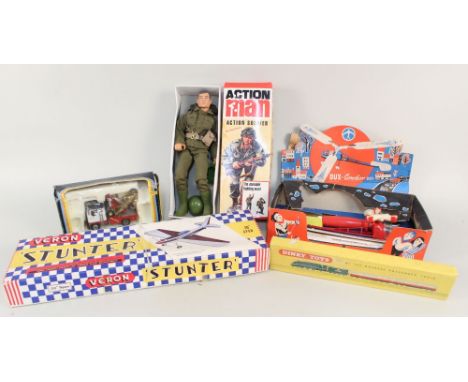 Boxed toys to include Dux Condor 201 helicopter, Action Man soldier, Veron stunter plane, Corgi 1142 Holmes wrecker plus an e