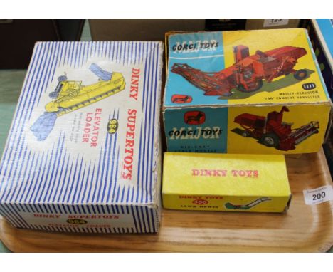A boxed Dinky 964 elevator loader, 376 lawn mower plus Corgi 1111 Massey Ferguson combine harvester