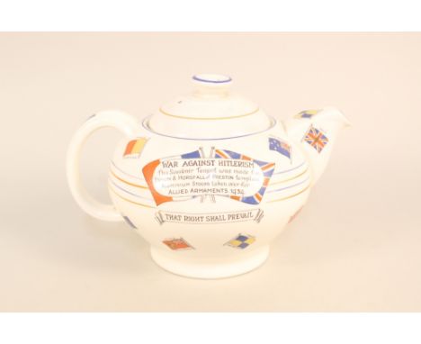 A WWII era Liberty &amp; Freedom Ducal teapot marked with flags and 'War Against Hitlerism'