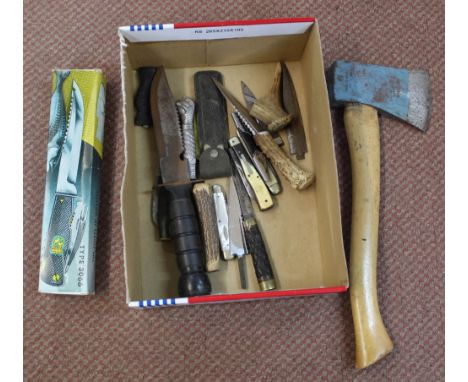 A '1960's' West German Solingen, hunting and fishing knife in original box together with an axe and various knives and compon