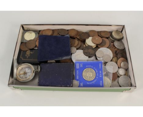 Various GB coins including 5 and 2 pound coins plus a compass