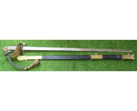 A British 'model 1827' Naval Officers sword with scabbard by Batson London, blade etched to R.N.R. and complete with knot