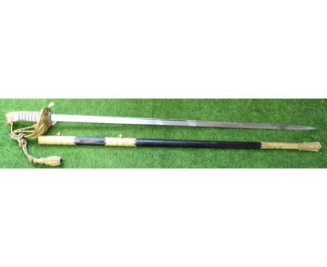 A British Naval Officers sword (model 1827) complete with scabbard and knot named on hilt to Jon W.E.Abbott (ex Commander R.N
