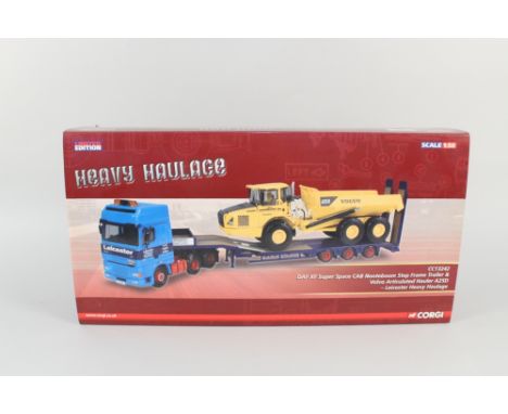 A boxed Corgi heavy haulage DAF XF Super Space Cab Nooteboom step frame trailer and Volvo articulated hauler A25D