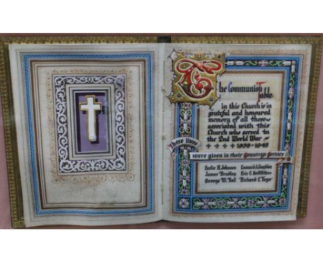 A WWII era memorial illuminated manuscript (within hard cover), In Memory of Those Associated with this Church, framed and gl