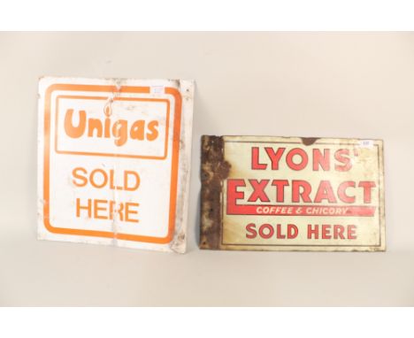 An enamel double sided sign 'Lyons Extract' plus a painted aluminium sign 'Unigas'