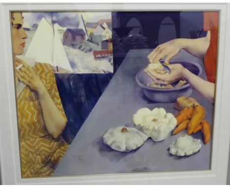 Peter Blume (American) Peeling Vegetables Framed print in a glazed silver gilt frame, 120cm x 105cm 