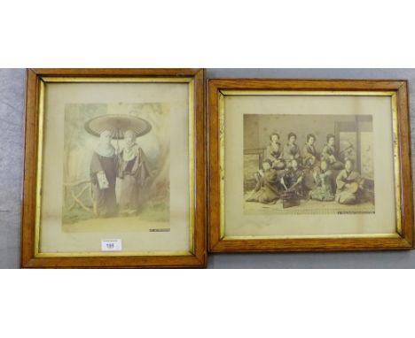A companion pair of coloured Japanese photographic prints to include "Playing Samisen Tsudzumi Fuye and Taiko", together with