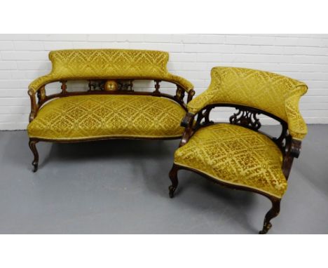 A late 19th century rosewood and inlaid two-seater settee with shaped upholstered button back upholstery and seat over a leaf