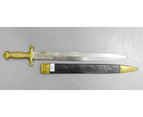A French short sword with brass handle complete with leather and brass mounted scabbard, blade length 48cm