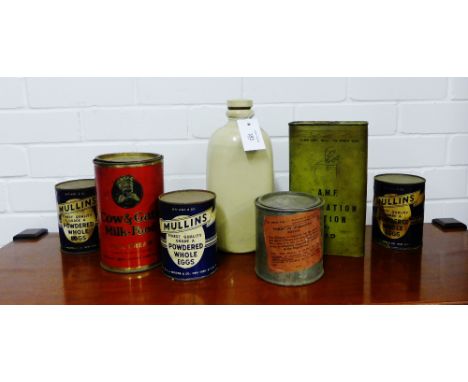 A selection of WWI rations together with five tins of Mullins powdered eggs, two cans of Cow & Gate milk and a tin of tobacco