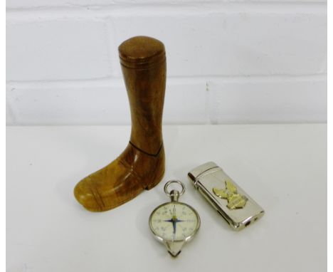 A mixed lot to include a vintage lighter and compass and a novelty fruitwood corkscrew in the form of a boot (3) 