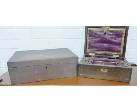 A 19th century rosewood and mother-of-pearl inlaid box, the hinged top opening to reveal a lift out compartment and leather s