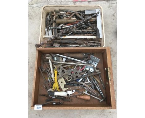 VARIOUS TOOLS TO INCLUDE DRILL BITS, SPANNERS, CLAMPS, SET SQUARE ETC 