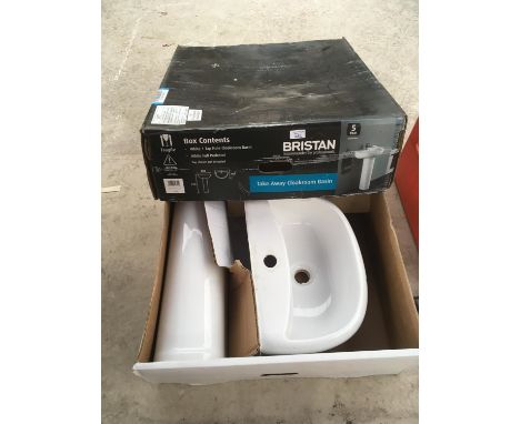 A BOXED BRISTEN WHITE ONE TAP CLOAKROOM BASIN AND PEDESTAL 45CM WIDE X 77CM TALL X 38.5CM DEEP 