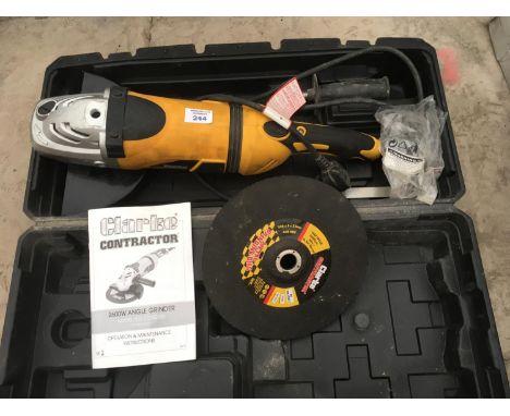 A CLARKE CONTRACTOR 2600W ANGLE GRINDER WITH CASE, DISC AND INSTRUCTION MANUAL 