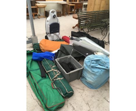 A VERY LARGE QUANTITY OF CARAVAN AND CAMPING ITEMS TO INCLUDE A CARAVAN AWNING, GAZEBOS, WASTE HOG, PORTABLE TOILET, TENT, CA