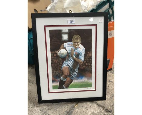 A LIMITED EDITION PRINT 76/100 OF AN ENGLAND RUGBY PLAYER 