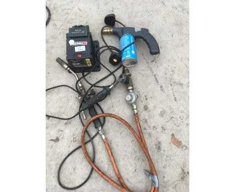 A PARKSIDE DRILL SHARPENER, BLOW TORCH AND PIPE, SOLDERING IRON ETC IN WORKING ORDER 