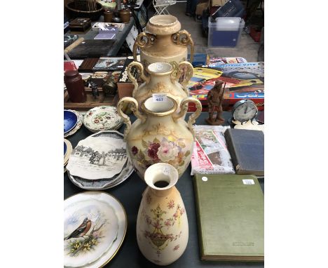 FOUR VICTORIAN CERAMIC FLORAL VASES TO INCLUDE A PAIR AND TWO SINGLE EXAMPLES 