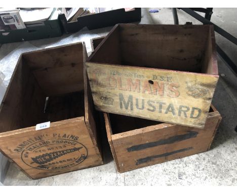 THREE VINTAGE WOODEN CRATES, 'COLMANS MUSTARD' ETC 