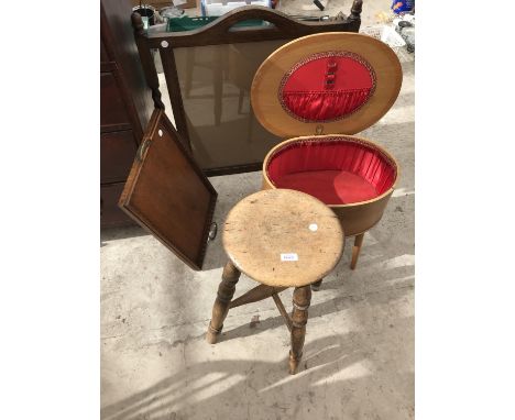 A SMALL OAK STOOL, AN OAK SERVING TRAY, AN OAK SEWING TABLE WITH LINED INTERIOR AND AN OAK BARLEY TWIST FIRE SCREEN 