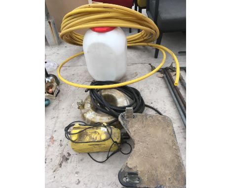 A KARCHER B102 PRESSURE WASHER, PLASTIC LIDDED DRUM, COMPRESSOR HOSE WITH FITMENTS, METAL STEP ETC 