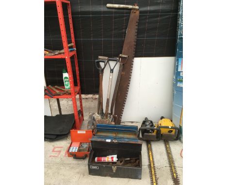 THREE SPADES, A FORK, A TWO MAN CROSS CUT SAW,  AND THREE TOOL BOXES WITH CONTENTS 