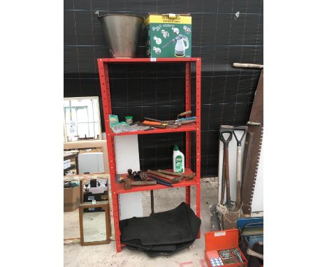 A FOUR SHELF SHEVLING UNIT WITH CONTENTS TO INCLUDE STAINLESS STEEL BUCKET, BENTLEY CAR MATS, STEAMER, TOOLS ETC 